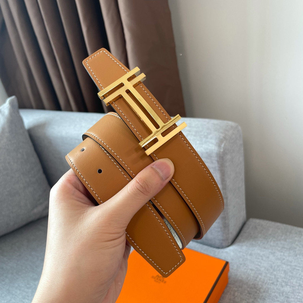 DOUBLE H REVERSIBLE BELT 32MM GOLD BUCKLE TIN GREY GOLD LEATHER