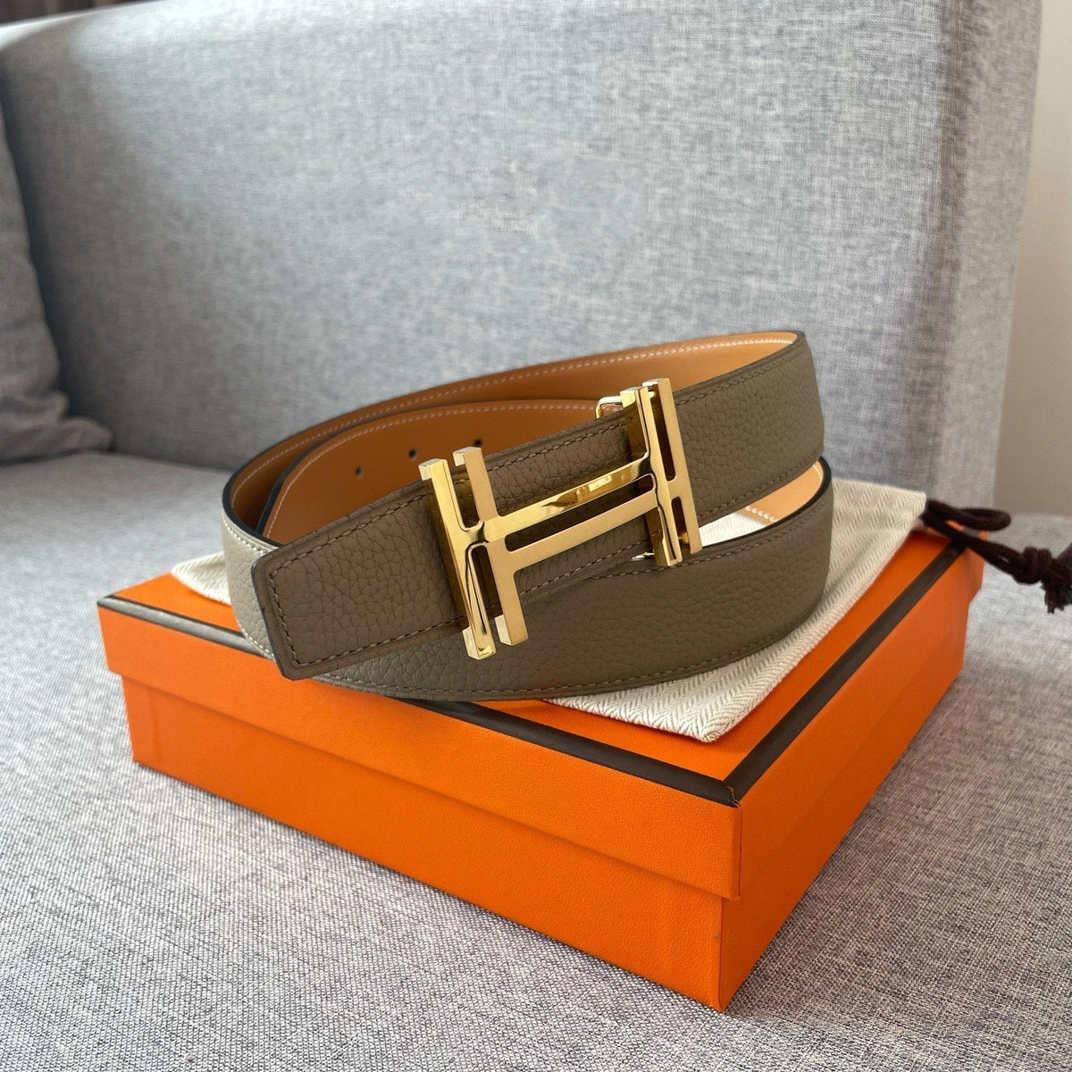 DOUBLE H REVERSIBLE BELT 32MM GOLD BUCKLE TIN GREY GOLD LEATHER