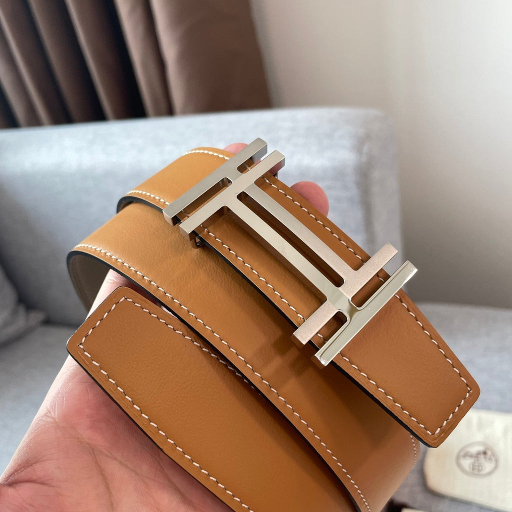 DOUBLE H REVERSIBLE BELT 32MM SILVER BUCKLE GOLD TIN GREY LEATHER