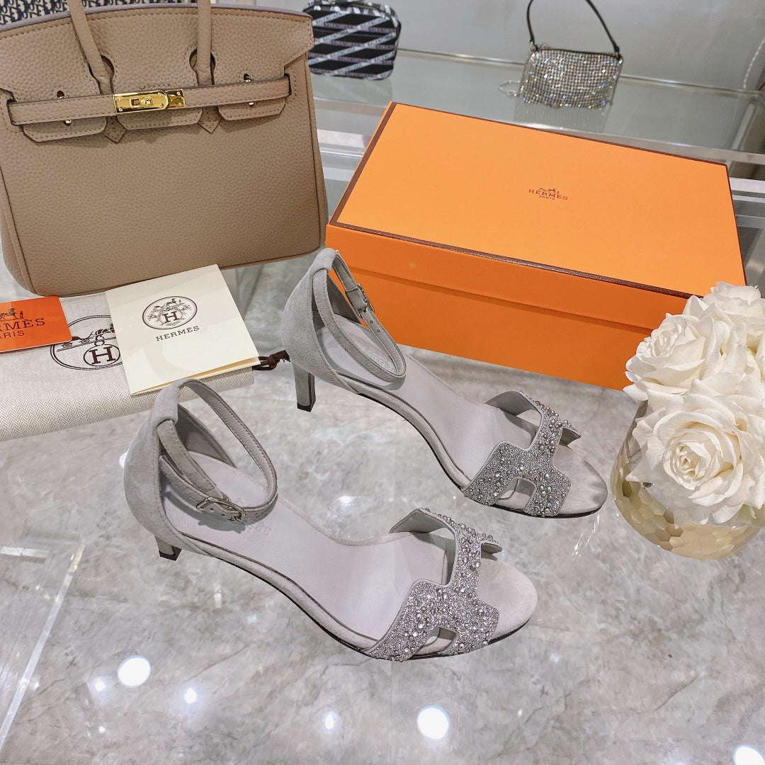PREMIERE 70 SANDAL IN PALE GRAY SUEDE WITH CRYSTALS
