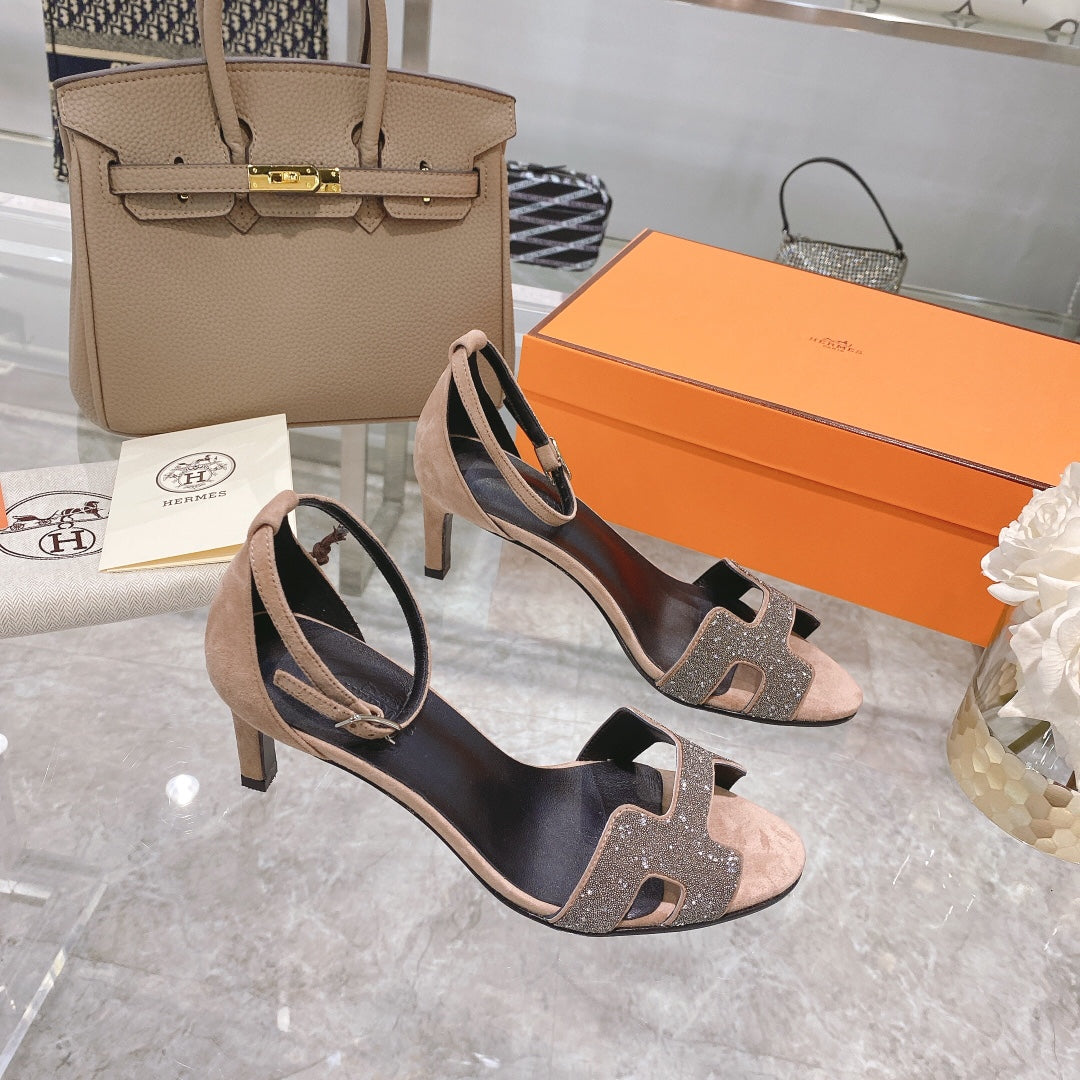 PREMIERE 70 SANDAL IN LIGHT BROWN SUEDE WITH CRYSTALS