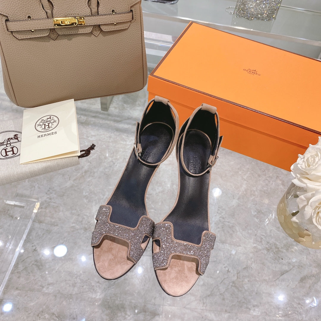 PREMIERE 70 SANDAL IN LIGHT BROWN SUEDE WITH CRYSTALS