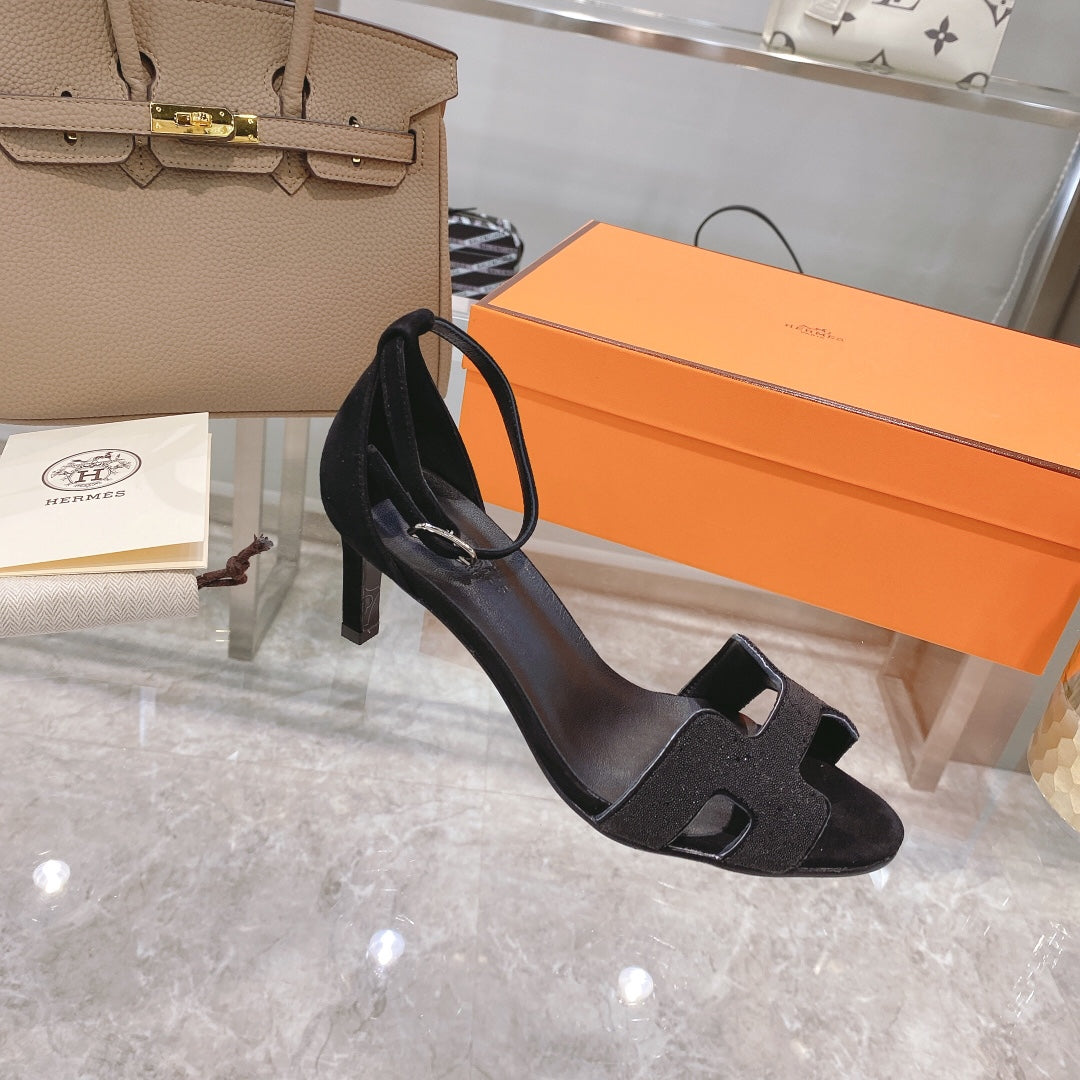 PREMIERE 70 SANDAL IN BLACK SUEDE WITH CRYSTAL