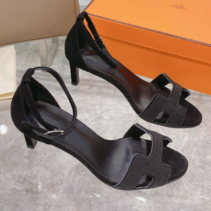 PREMIERE 70 SANDAL IN BLACK SUEDE WITH CRYSTAL