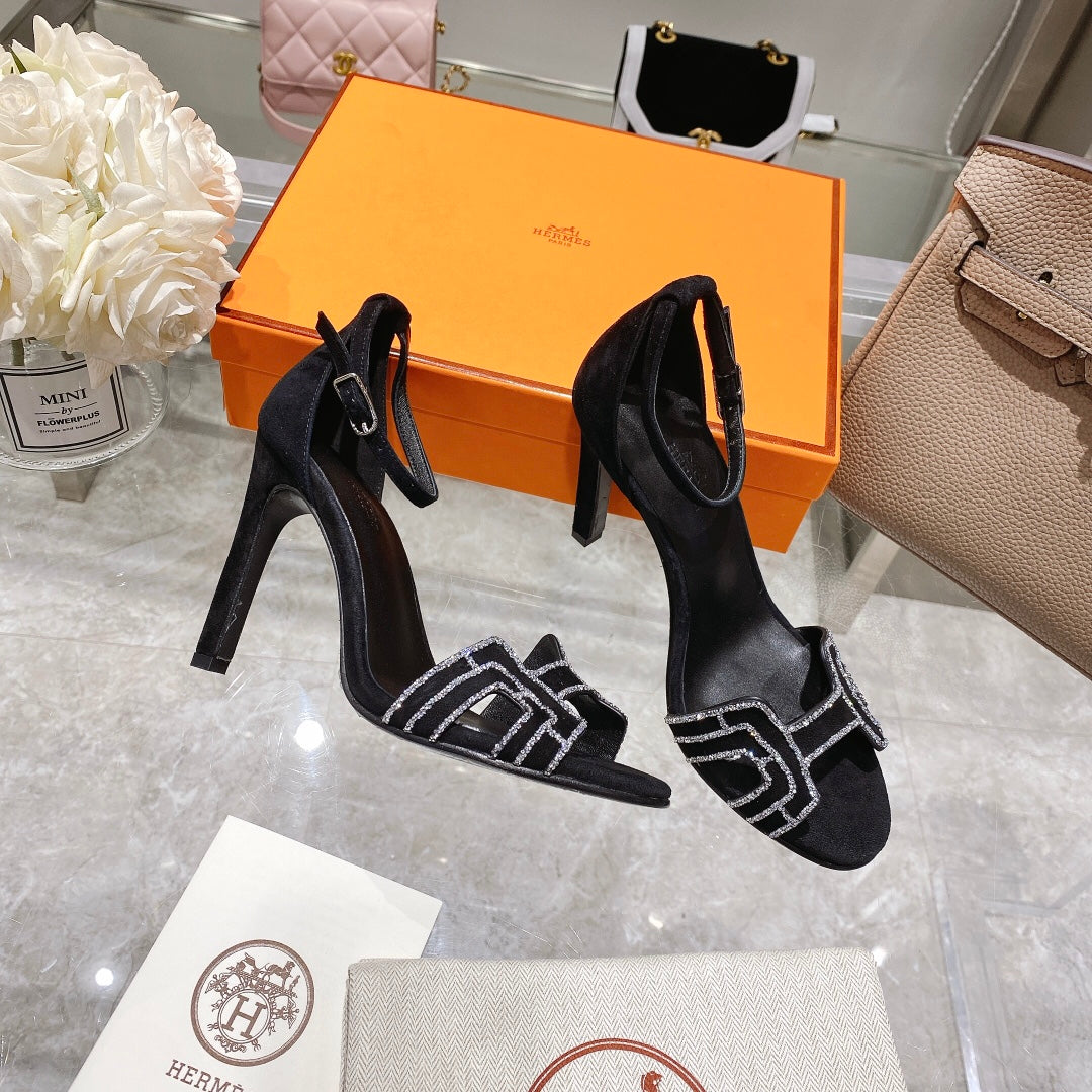PREMIERE 105 SANDAL IN BLACK SUEDE WITH RHINSTONES