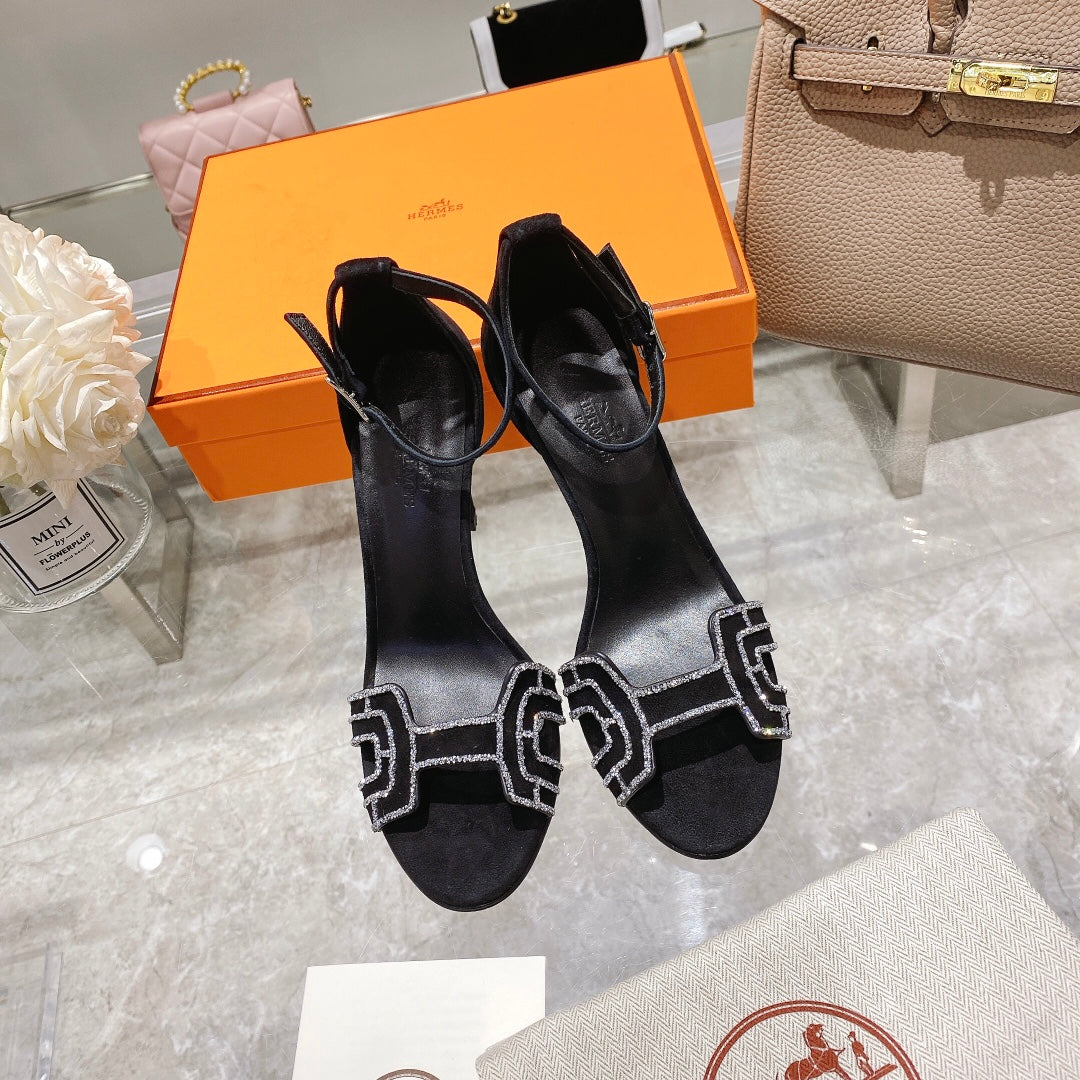 PREMIERE 105 SANDAL IN BLACK SUEDE WITH RHINSTONES