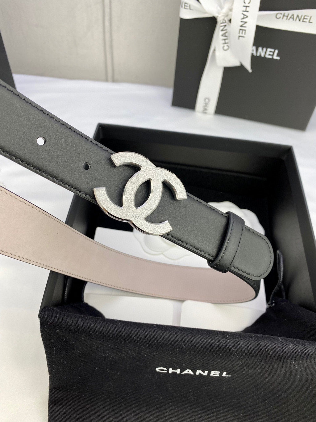 DOUBLE C BELT 30MM IN BLACK CALFSKIN METAL BUCKLE