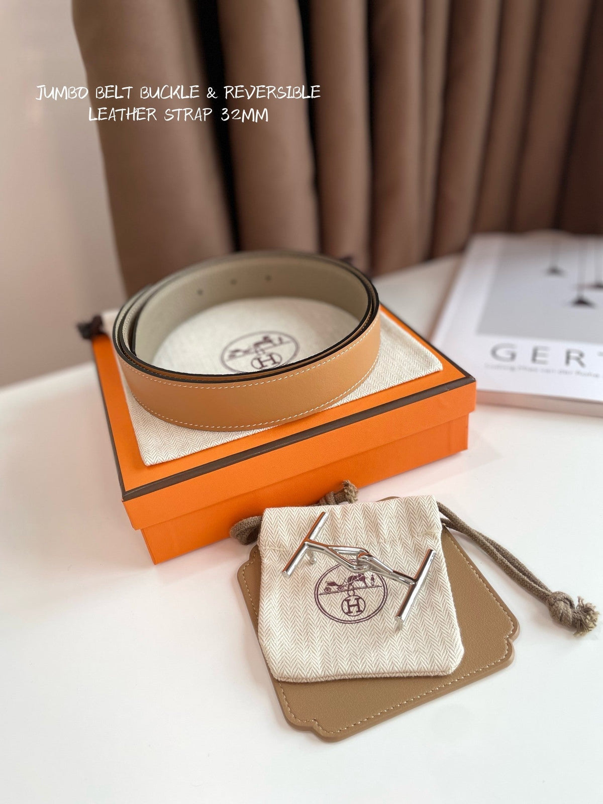 JUMBO BELT SILVER BUCKLE & REVERSIBLE CAMEL BROWN AND ORANGE LEATHER STRAP 32MM