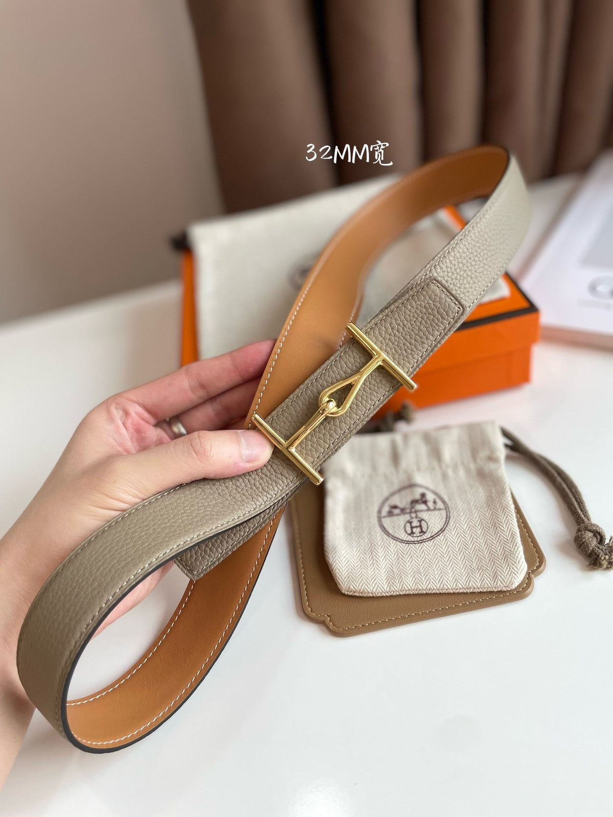 JUMBO BELT GOLD BUCKLE & REVERSIBLE CAMEL BROWN AND ORANGE LEATHER STRAP 32MM