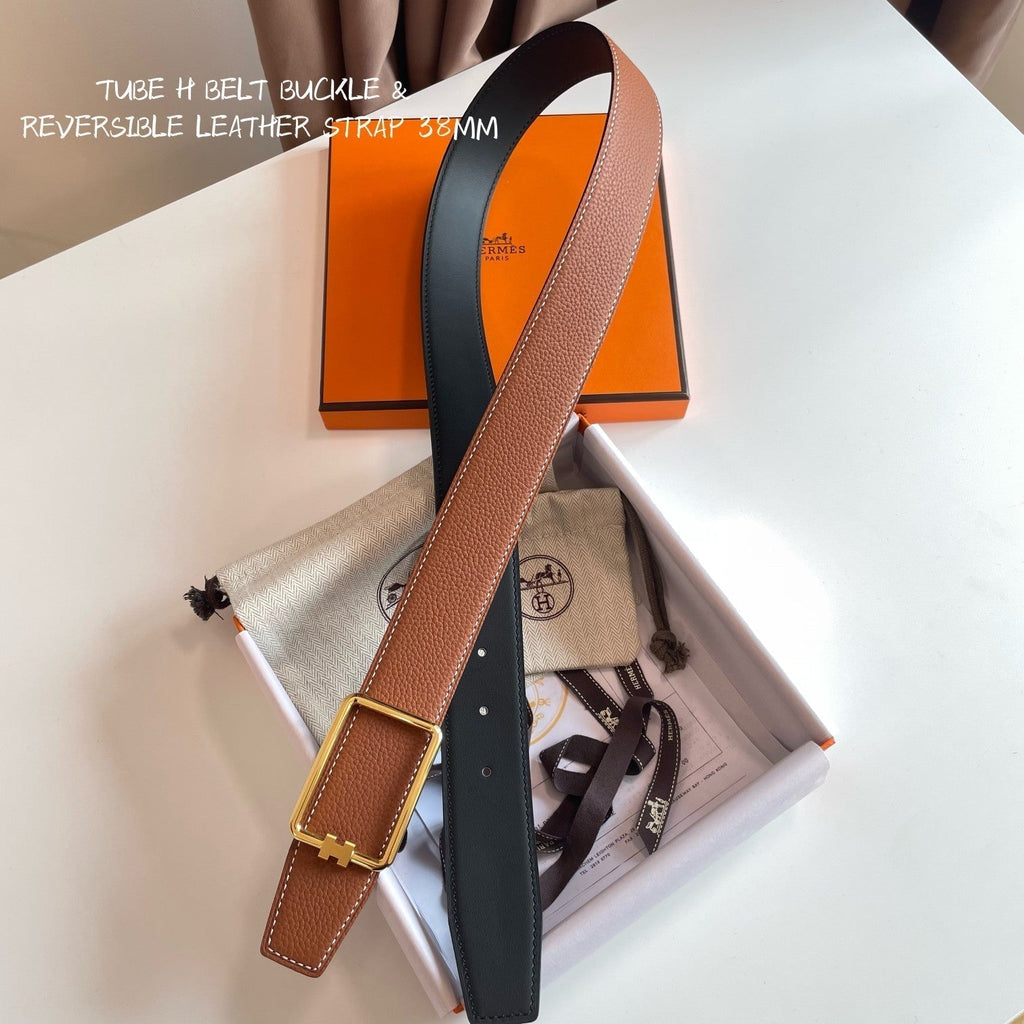 TUBE H BELT BUCKLE & REVERSIBLE BLACK AND CINNAMON BROWN LEATHER STRAP 38MM GOLD HARDWARE
