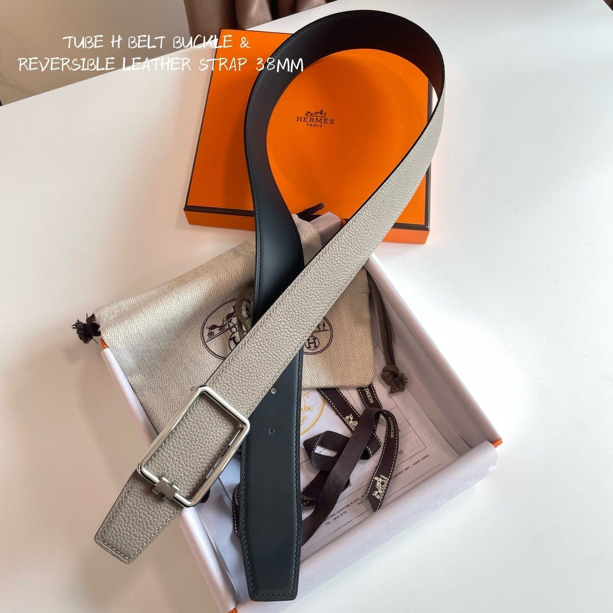 TUBE H BELT BUCKLE & REVERSIBLE KHAKI BROWN AND BLACK LEATHER STRAP 38MM SILVER HARDWARE