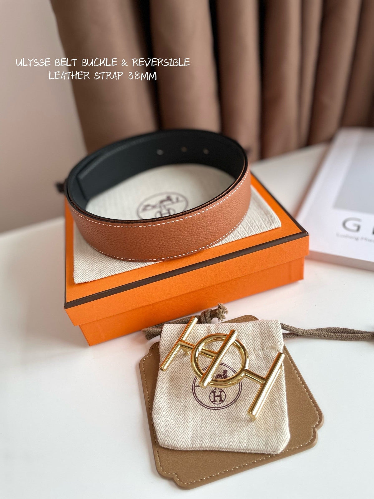 ULYSSE BELT BUCKLE & REVERSIBLE GINGER ORANGE LEATHER STRAP 38MM GOLD HARDWARE