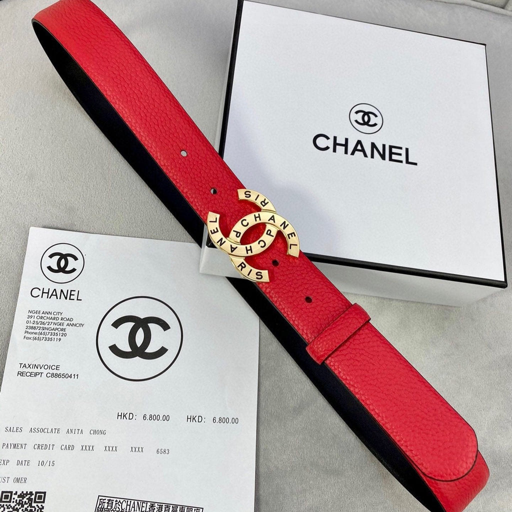 CC 30MM BELT IN CHERRY RED SMOOTH CALFSKIN WITH GOLD HARDWARE