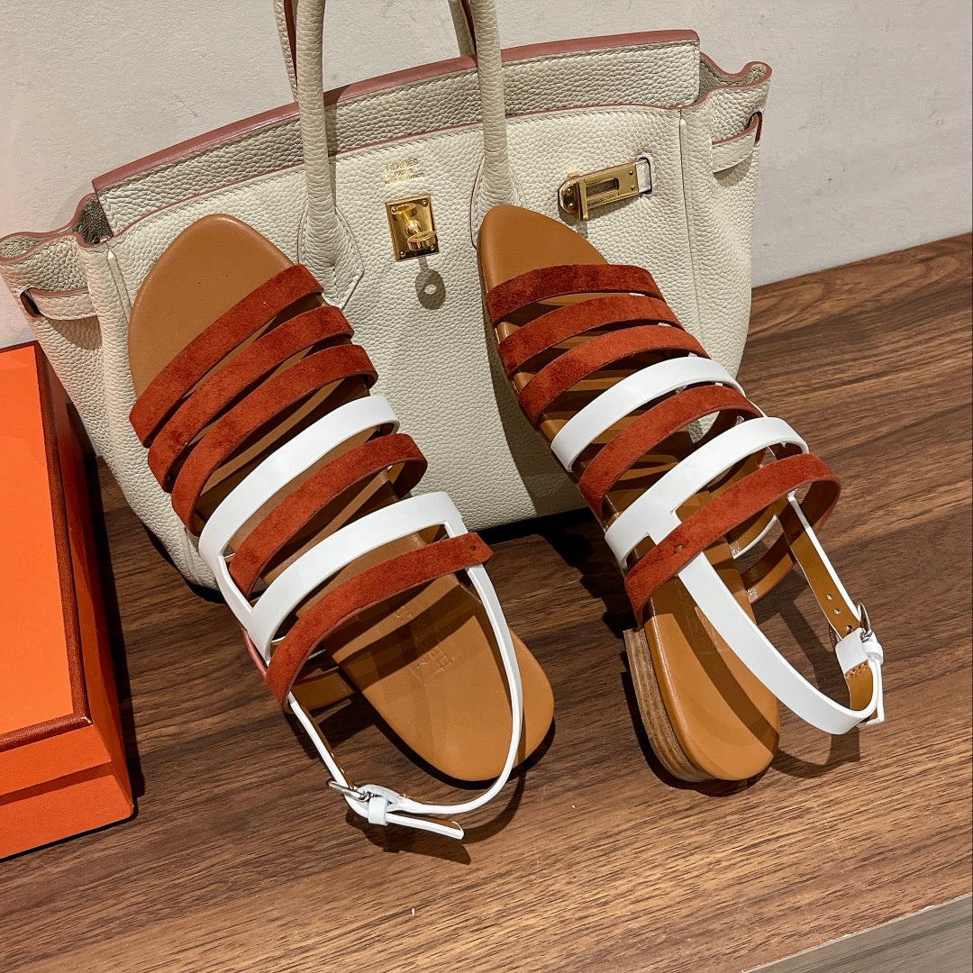 EPHESE SANDAL CARAMEL AND WHITE CALFSKIN