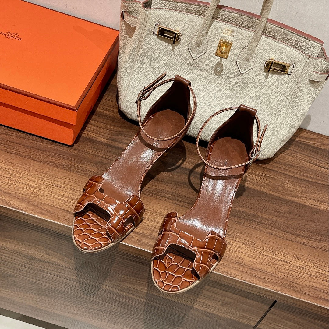 PREMIERE 70 SANDAL IN BRONZE BROWN CROCODILE LEATHER