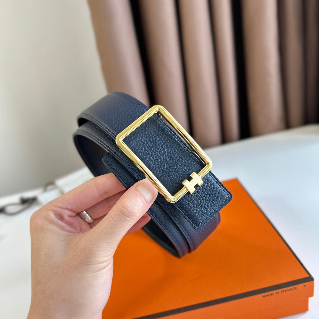 HM TUBE H BELT BUCKLE & REVERSIBLE BLACK AND AEGEAN BLUE LEATHER STRAP 38MM GOLD HARDWARE