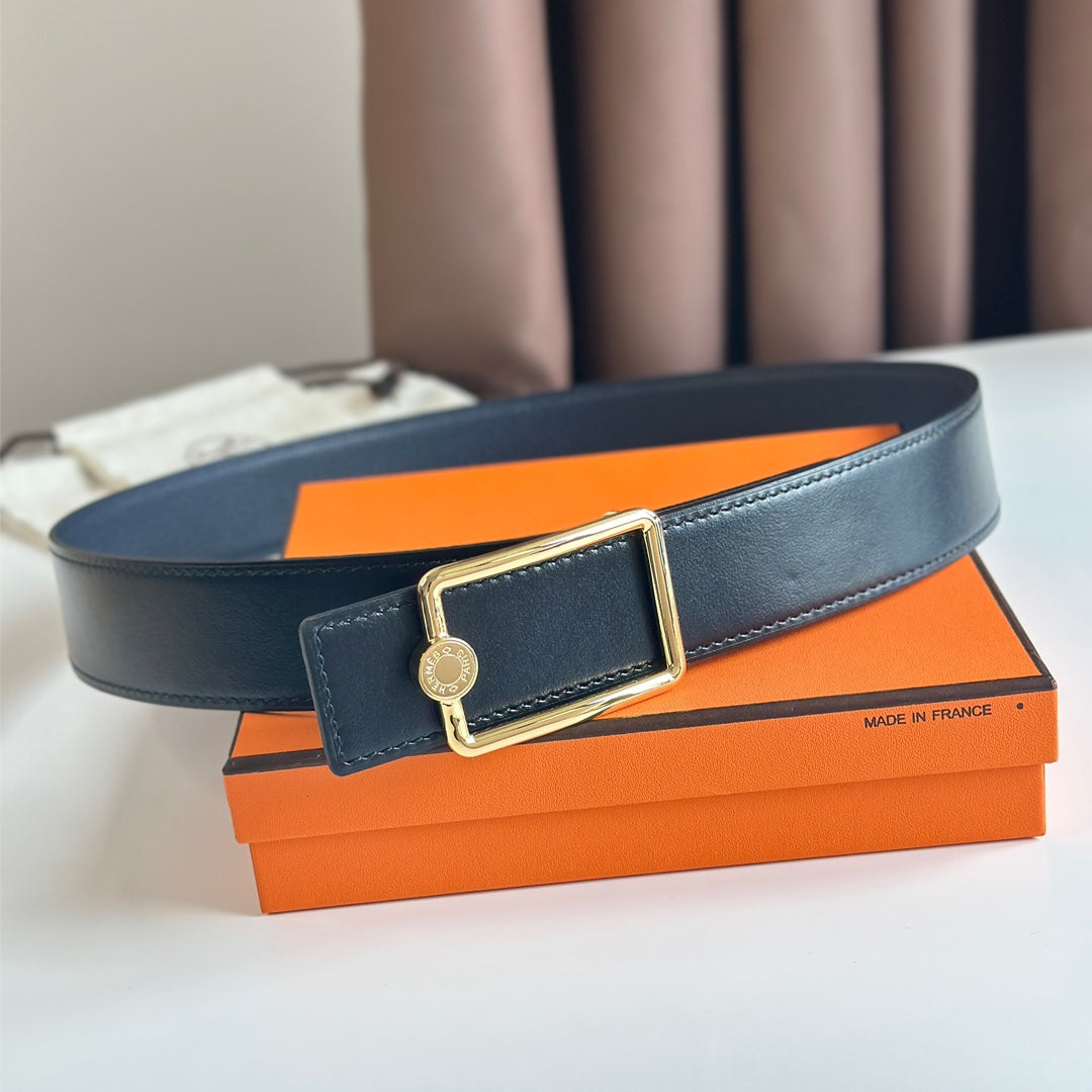 HM OSCAR BELT BUCKLE & REVERSIBLE BLACK AND AEGEAN BLUE LEATHER STRAP 38MM GOLD HARDWARE
