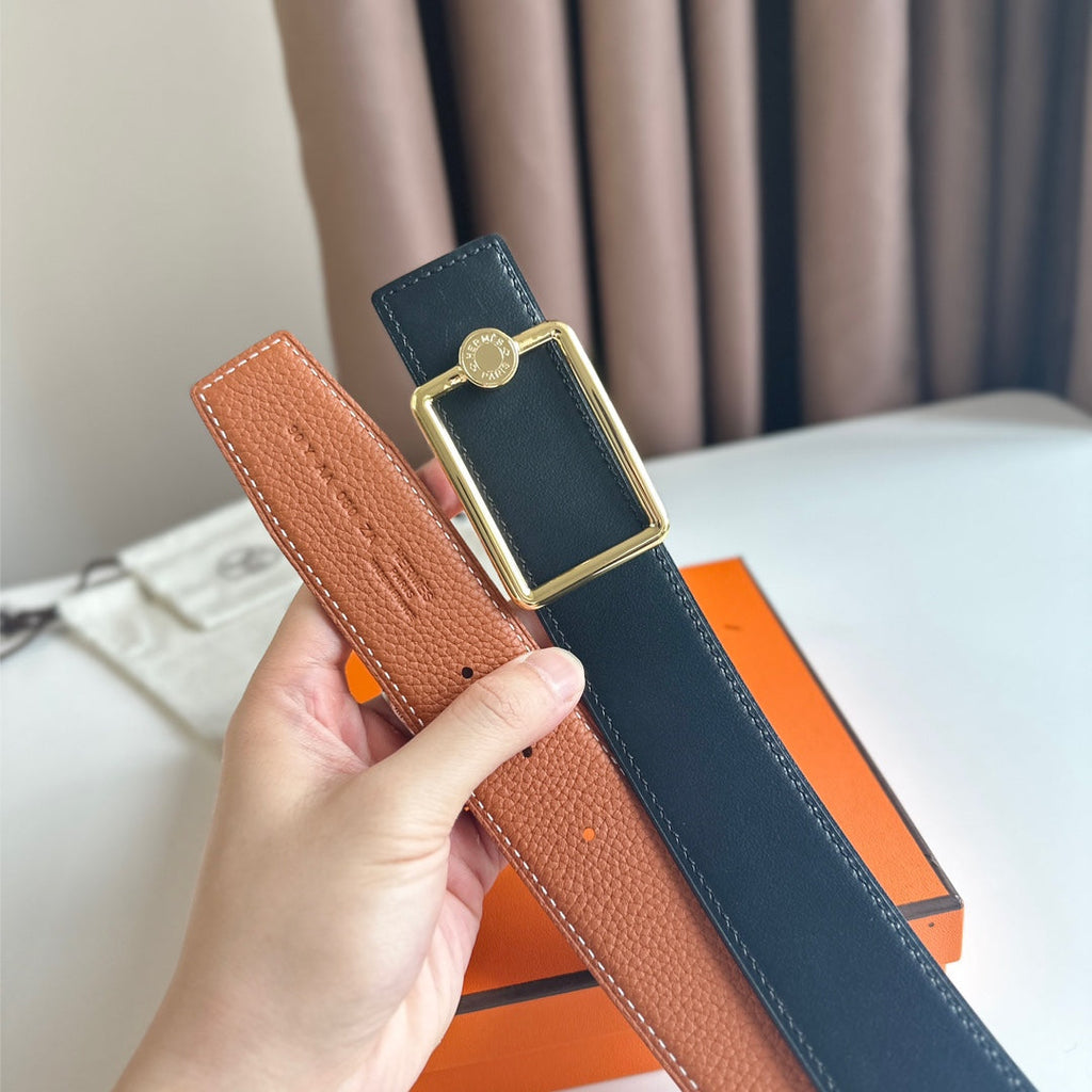 HM OSCAR BELT BUCKLE & REVERSIBLE YAM ORANGE AND BLACK LEATHER STRAP 38MM GOLD HARDWARE