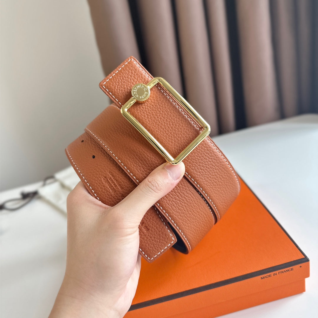 HM OSCAR BELT BUCKLE & REVERSIBLE YAM ORANGE AND BLACK LEATHER STRAP 38MM GOLD HARDWARE