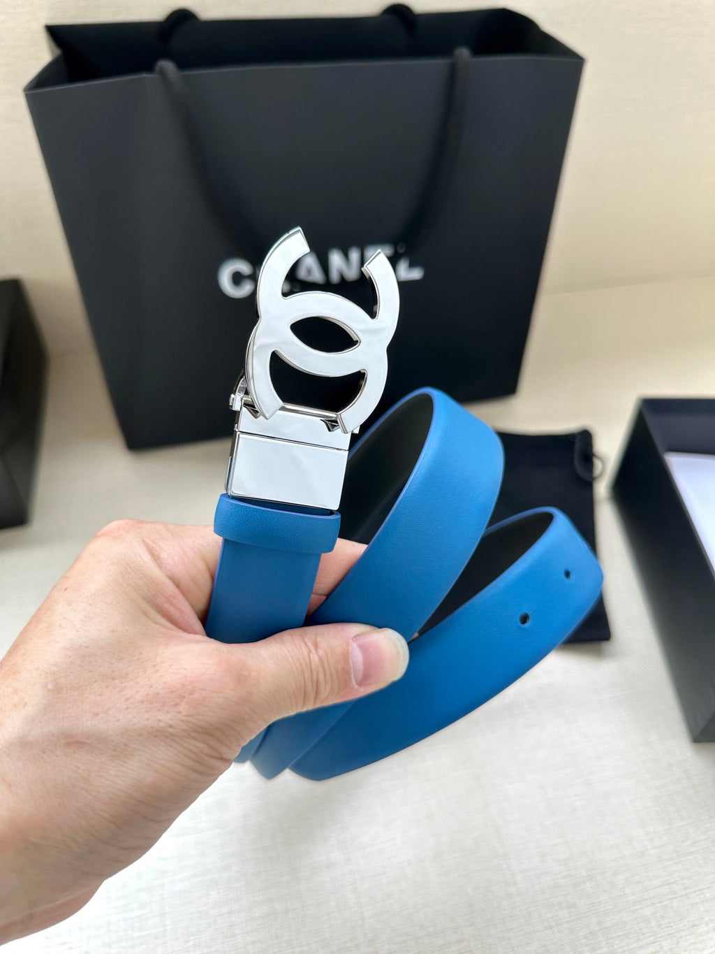 CC 30MM BELT IN BLUE AND BLACK CALFSKIN WITH SILVER HARDWARE