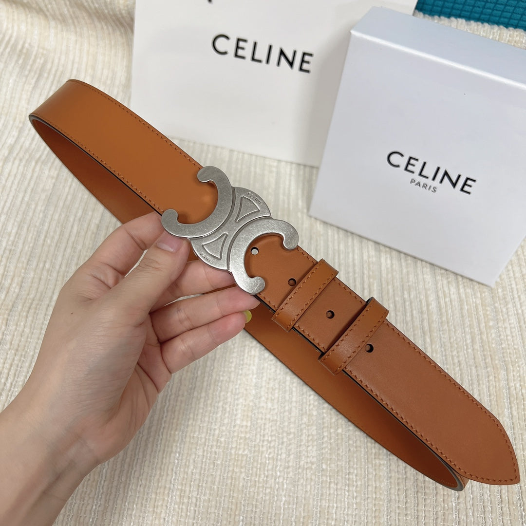 Medium Triomphe Belt 25mm Tan Calfskin Silver Finishing