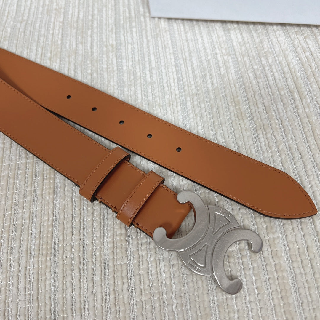 Medium Triomphe Belt 25mm Tan Calfskin Silver Finishing