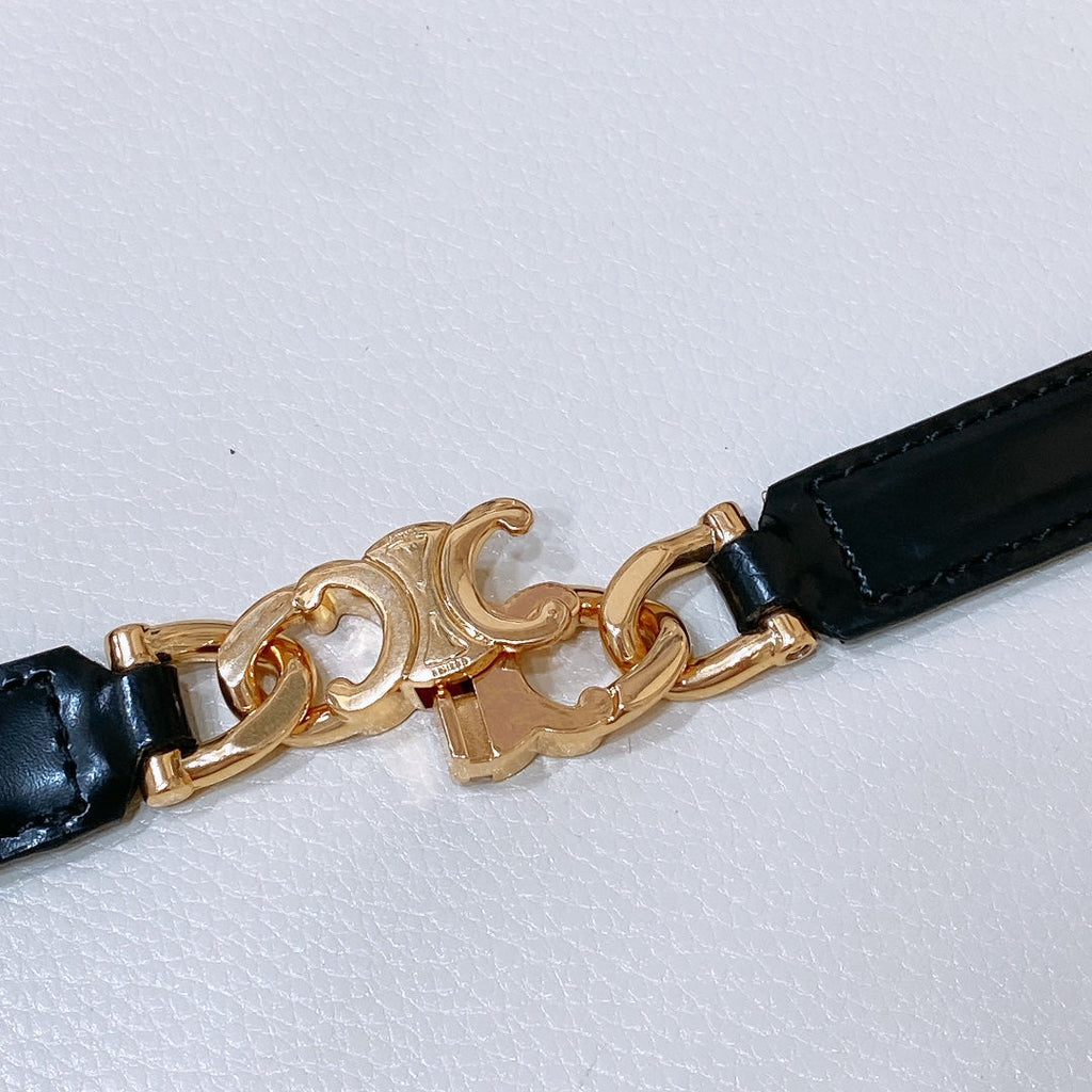 SMALL 18 MM GOURMETTE TRIOMPHE ADJUSTABLE BELT IN BLACK LEATHER GOLD HARDWARE
