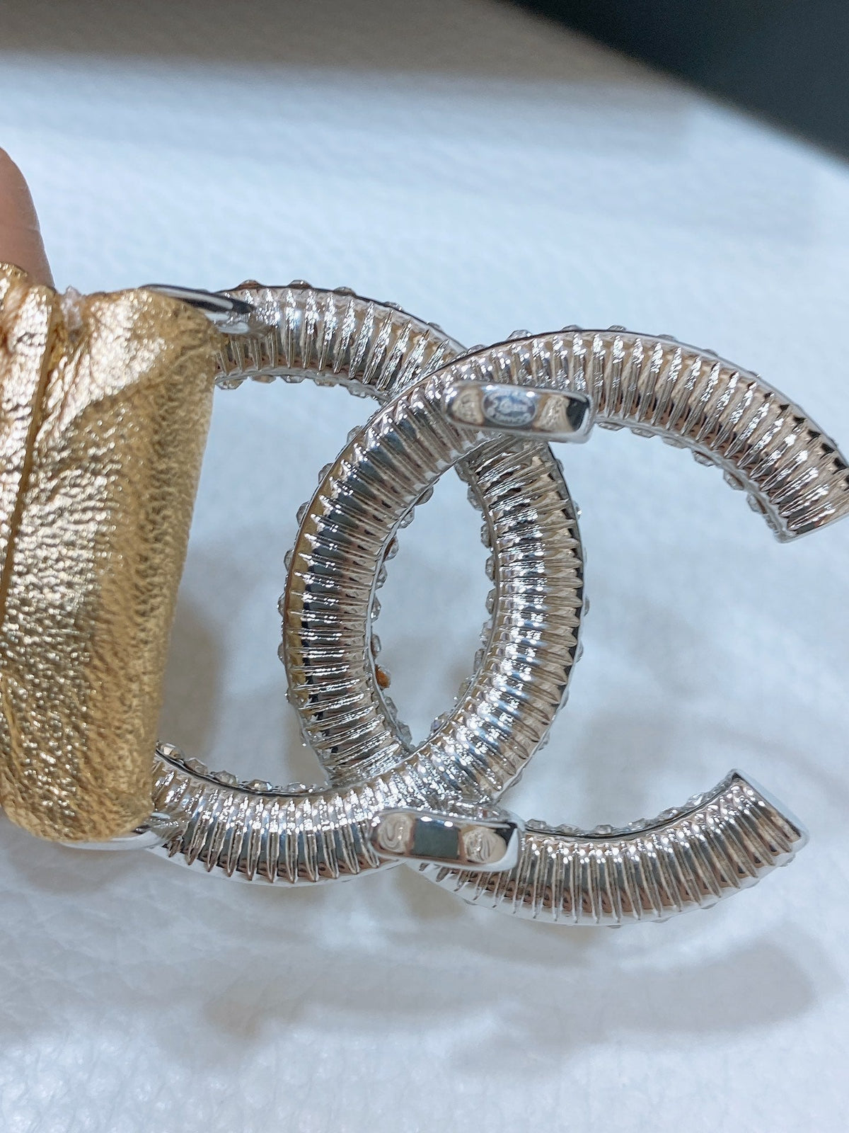CC ELASTIC BELT 30MM IN GOLD CALFSKIN SILVER HARDWARE WITH RHINSTONES