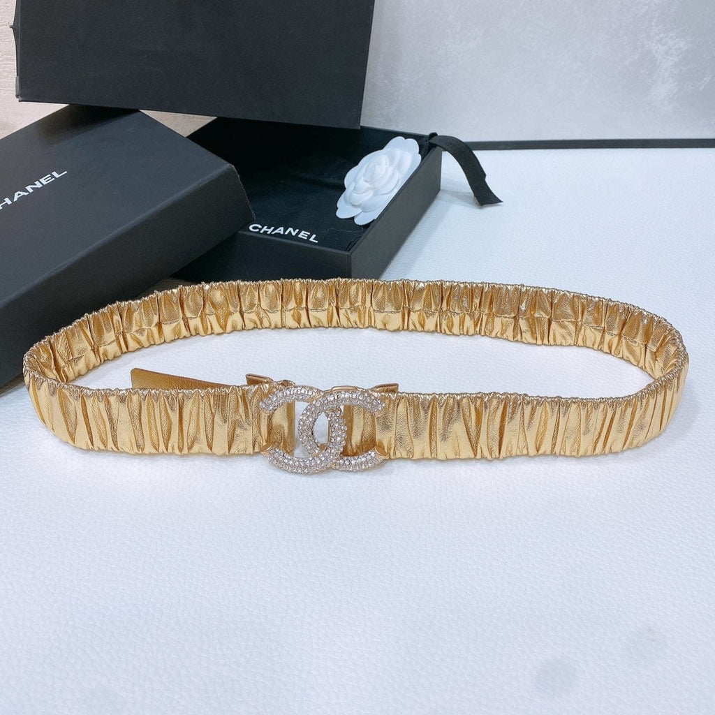 CC ELASTIC BELT 30MM IN GOLD CALFSKIN GOLD HARDWARE WITH RHINSTONES