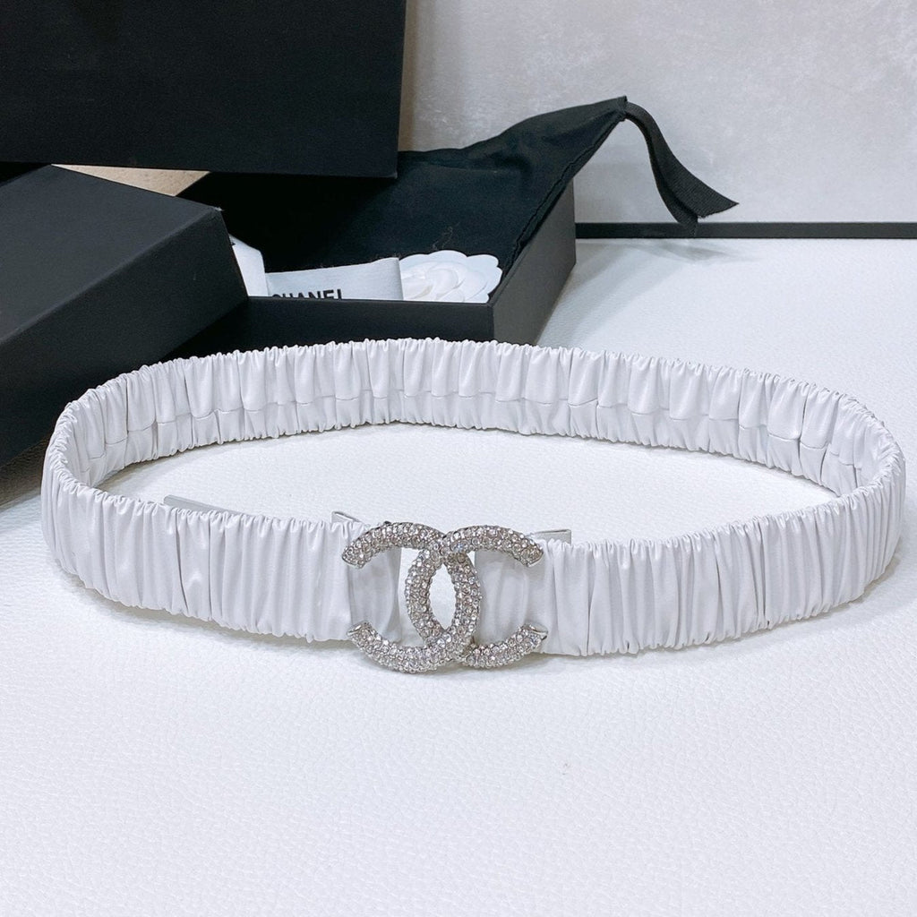 CC ELASTIC BELT 30MM IN WHITE CALFSKIN SILVER HARDWARE WITH RHINSTONES