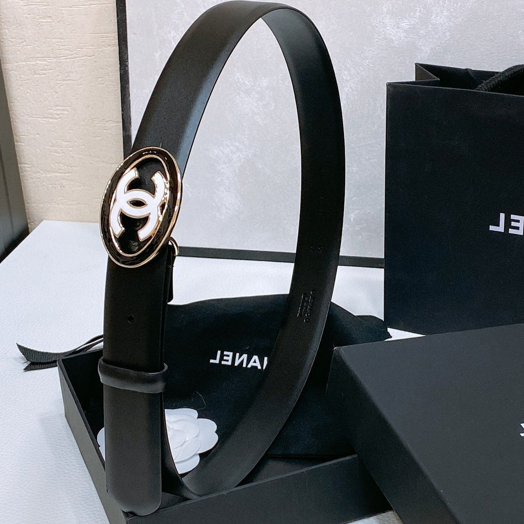 CC 30MM BELT IN BLACK SMOOTH CALFSKIN WHITE MIX BLACK METAL HARDWARE