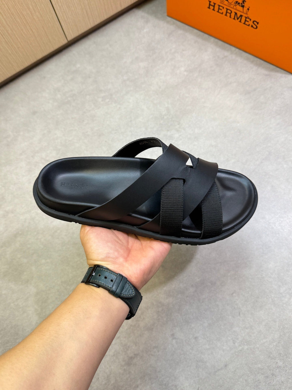 KAZIMIR SANDAL IN BLACK CALFSKIN AND CANVAS