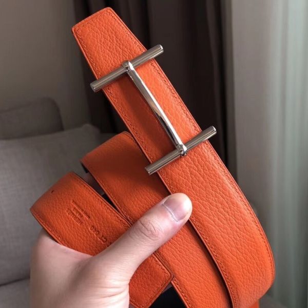 HERM H d'Ancre Reversible Belt In Orange/Noir Leather