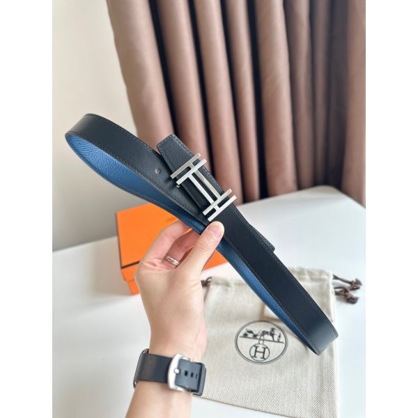 HERM H au Carre Reversible Belt 32MM in Blue Clemence Leather