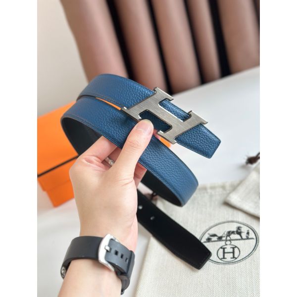 HERM H Speed Reversible Belt 32MM in Blue Jean Clemence Leather