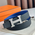 HERM H Guillochee Reversible Belt 32MM in Black and Blue Epsom Calfskin