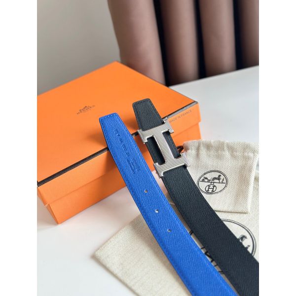 HERM H Striee Reversible Belt 32MM in Blue and Black Epsom Calfskin