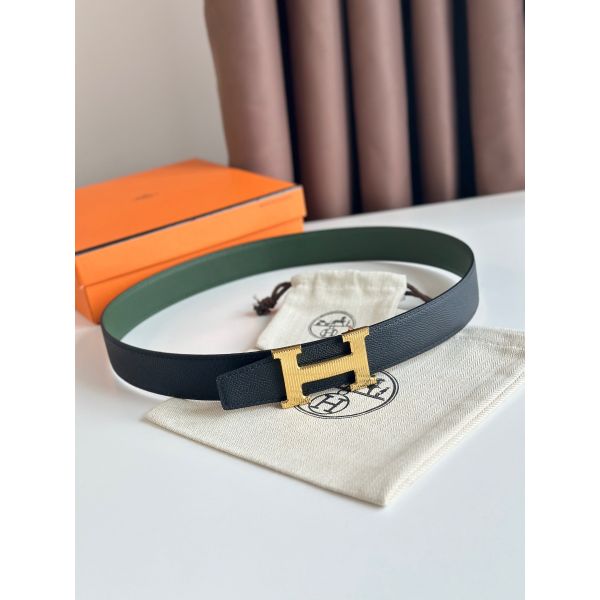 HERM H Striee Reversible Belt 32MM in Green and Black Epsom Calfskin