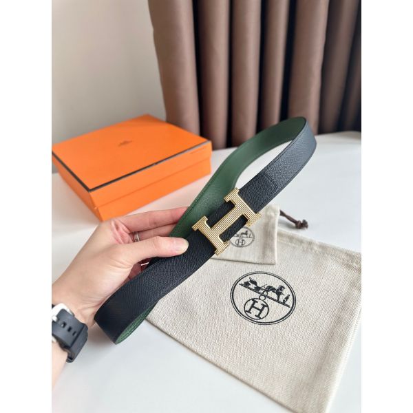 HERM H Striee Reversible Belt 32MM in Green and Black Epsom Calfskin