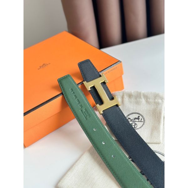HERM H Striee Reversible Belt 32MM in Green and Black Epsom Calfskin