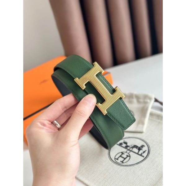 HERM H Striee Reversible Belt 32MM in Green and Black Epsom Calfskin