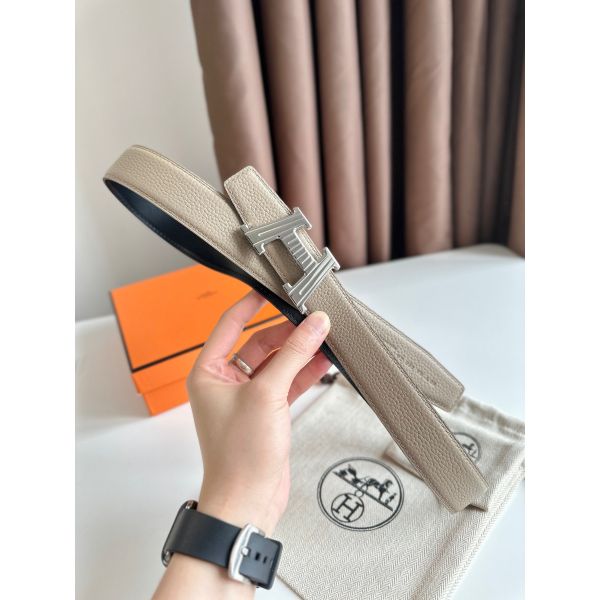 HERM H Take Off Reversible Belt 32MM in Grey Clemence Leather