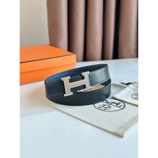 HERM H Reversible Belt 32MM in Blue Clemence Leather