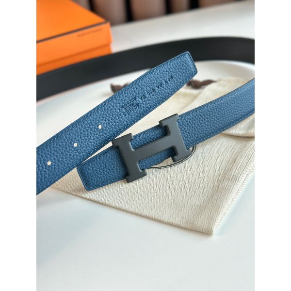 HERM H Reversible 32MM Belt with Matte Buckle in Blue Clemence Leather