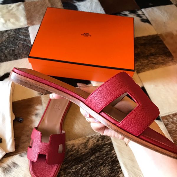 HERM Oran Slide Sandals In Red Clemence Leather