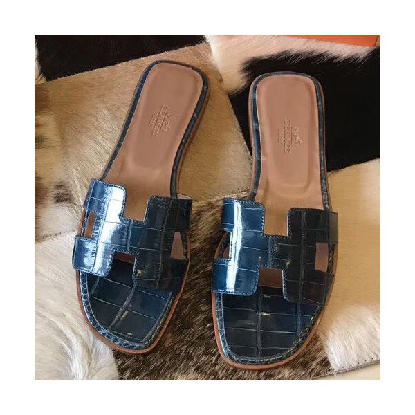 HERM Oran Sandals In Blue Shiny Niloticus Crocodile
