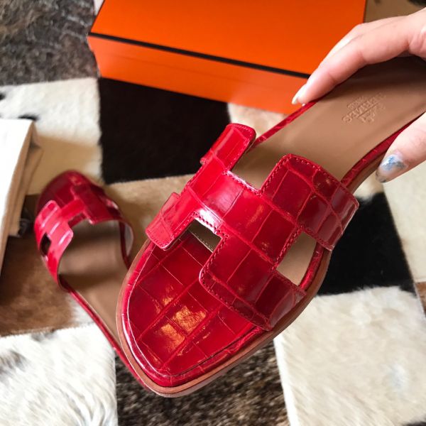 HERM Oran Slide Sandals In Red Shiny Niloticus Crocodile Skin