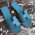 HERM Oran Slide Sandals In Blue du Nord Epsom Calfskin