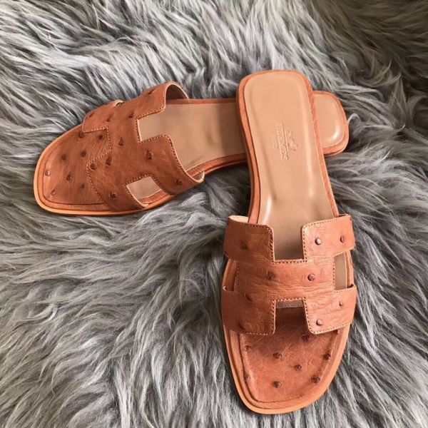 HERM Oran Sandals In Brown Ostrich Leather
