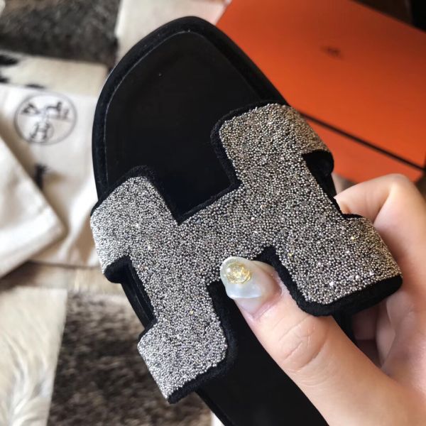 HERM Oran Sandals In Black Suede With Crystal